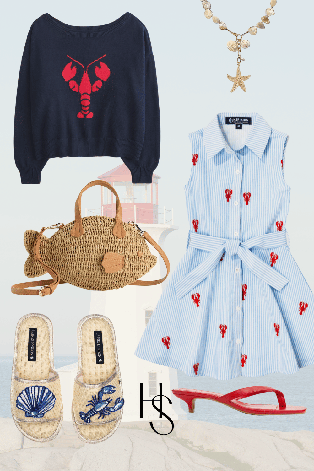 Lobster and Crab Print Loose Button Elastic Waist Shorts Set